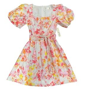Eliza J Womens Dress Sz 6 Floral Print Eyelet Puff Sleeve Cotton Resort Belt New